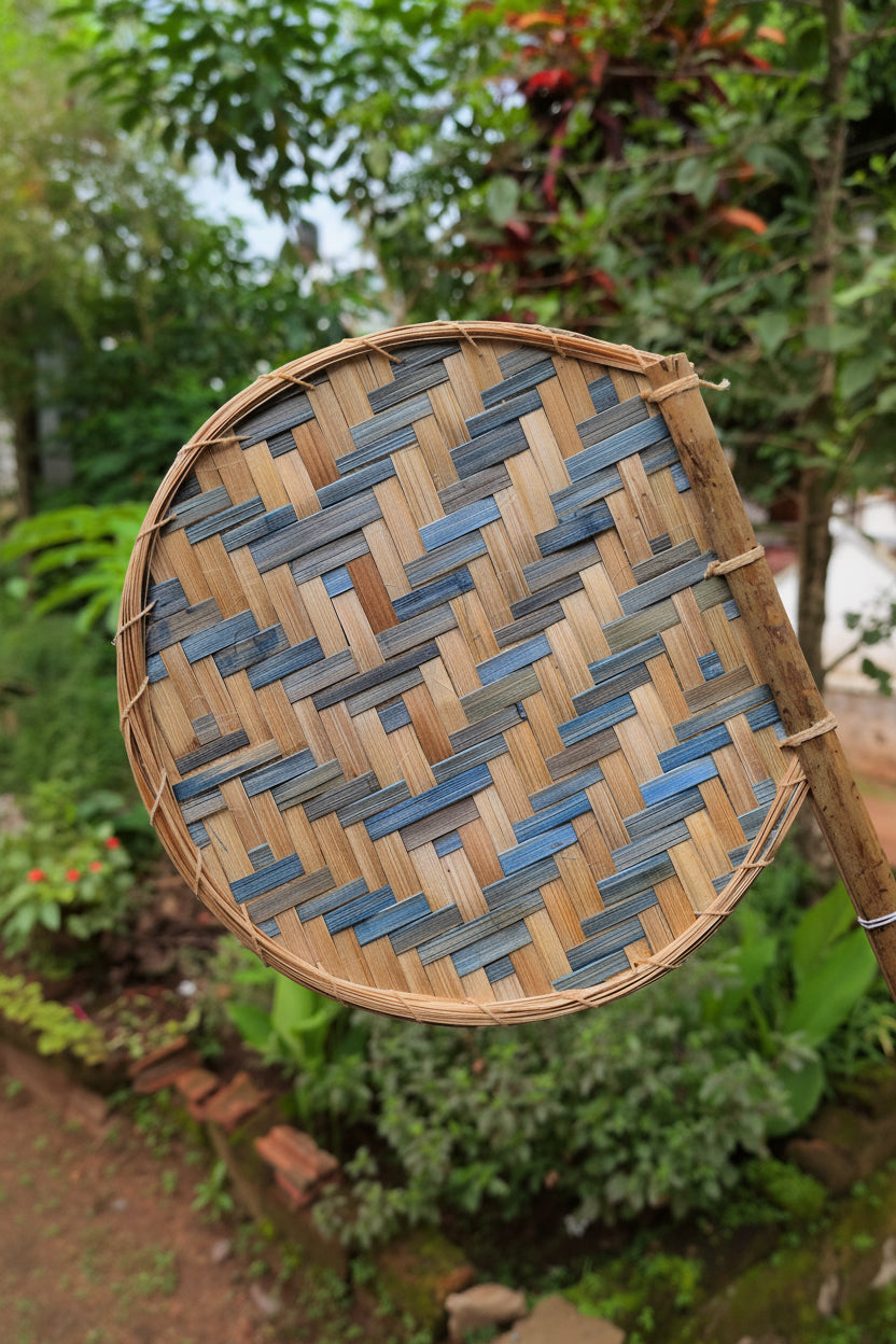 Woven basket with a geometric pattern in a natural setting