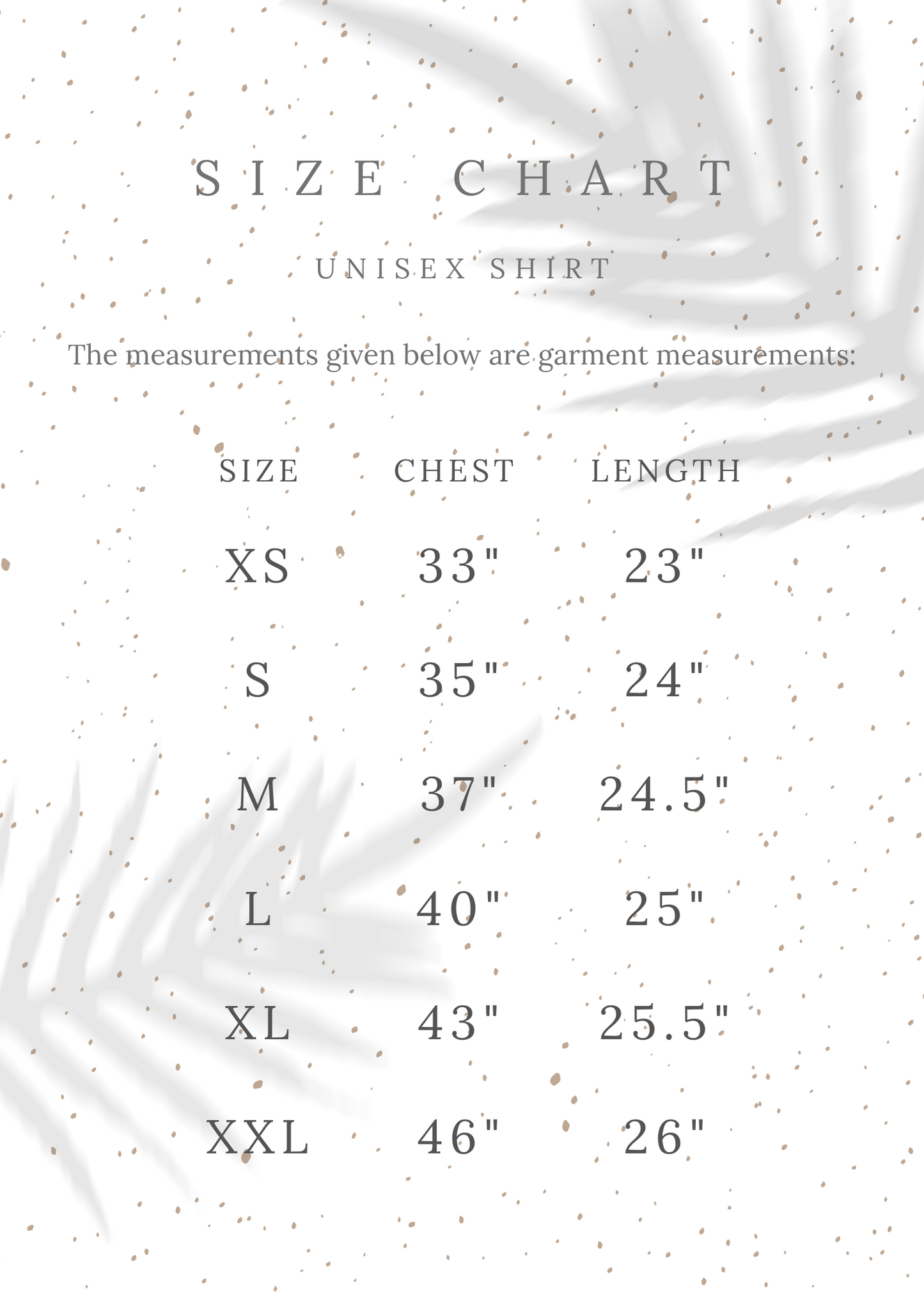 unisex shirt size chart